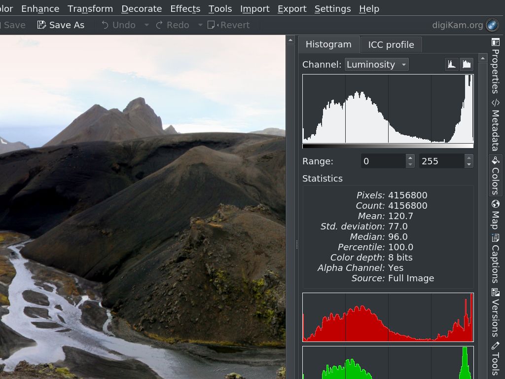 Analyze color and exposure of images using histograms