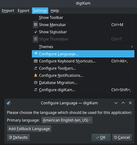 digiKam Configure Language Dialog