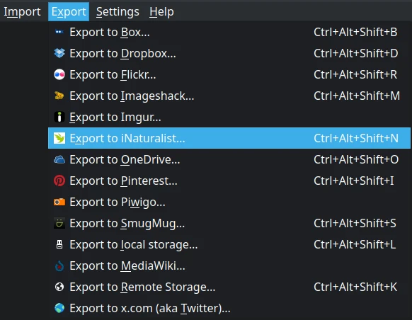 The digiKam Export Menu