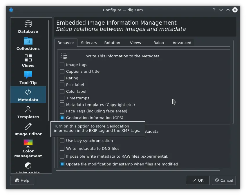Geolocation Metadata Settings from digiKam Config Panel
