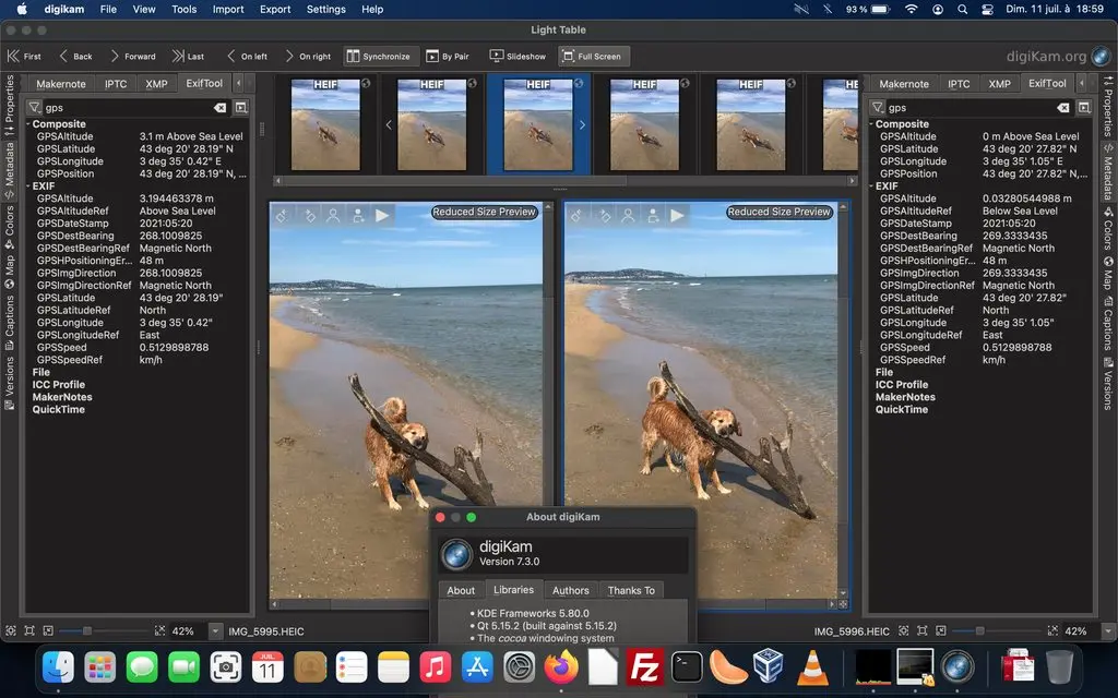 digiKam 7.3.0 Running Light Table and ExifTool Metadata View