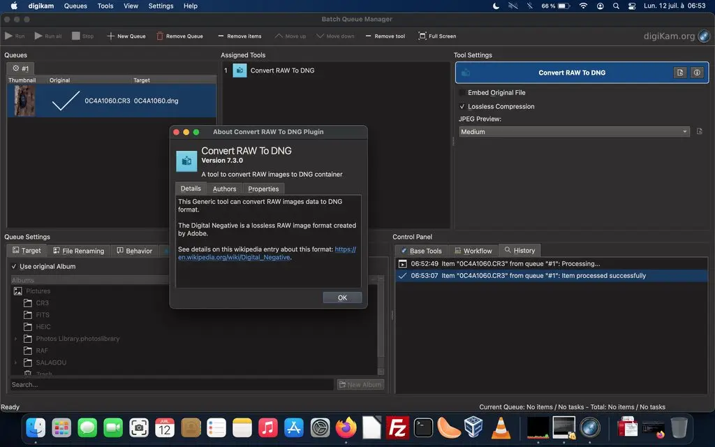 digiKam 7.3.0 DNG Converter Processing CR3 file in Batch Queue Manager