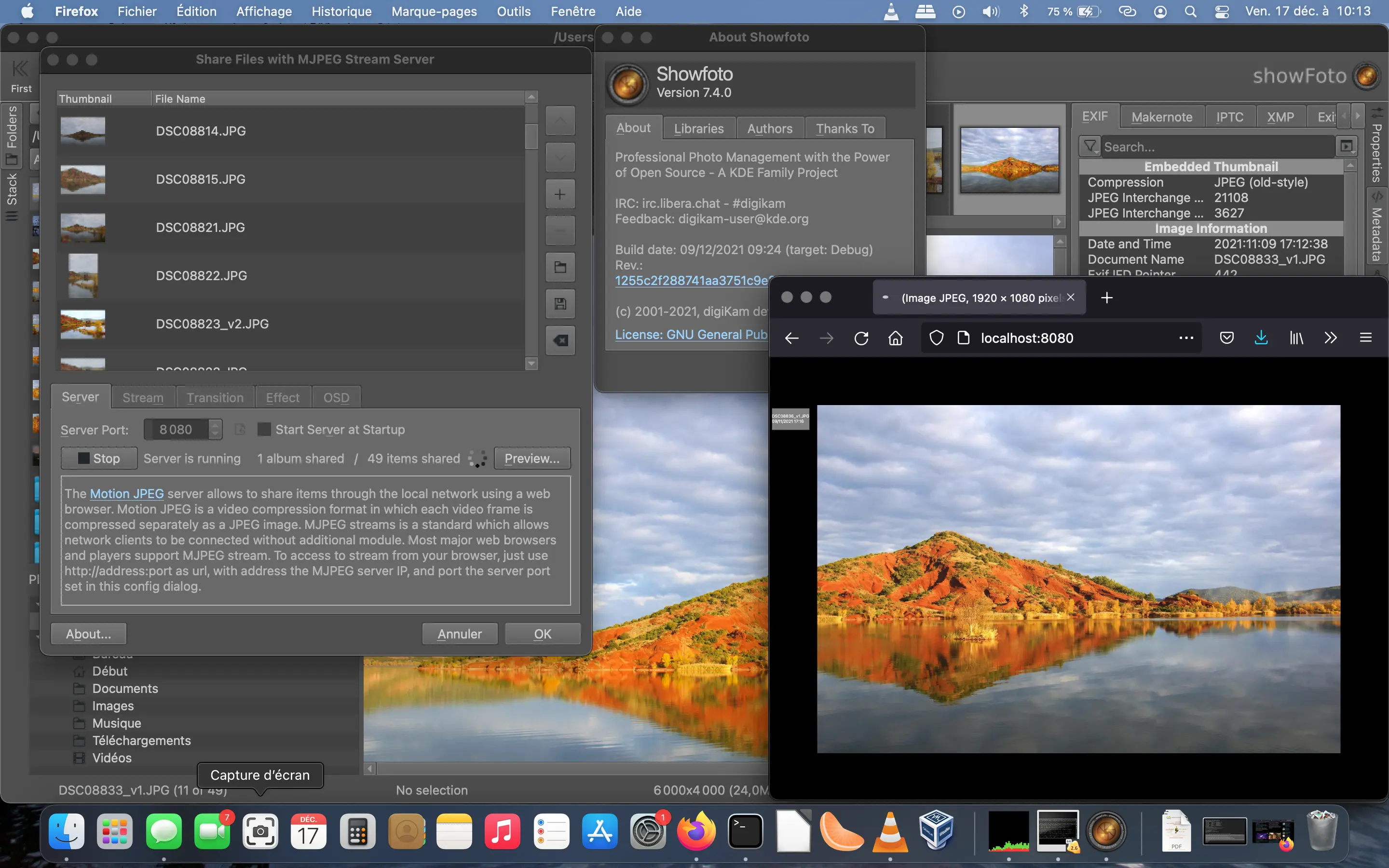 Showfoto 7.4.0 Running MJPEG Tool with Rendering of Stream in Firefox