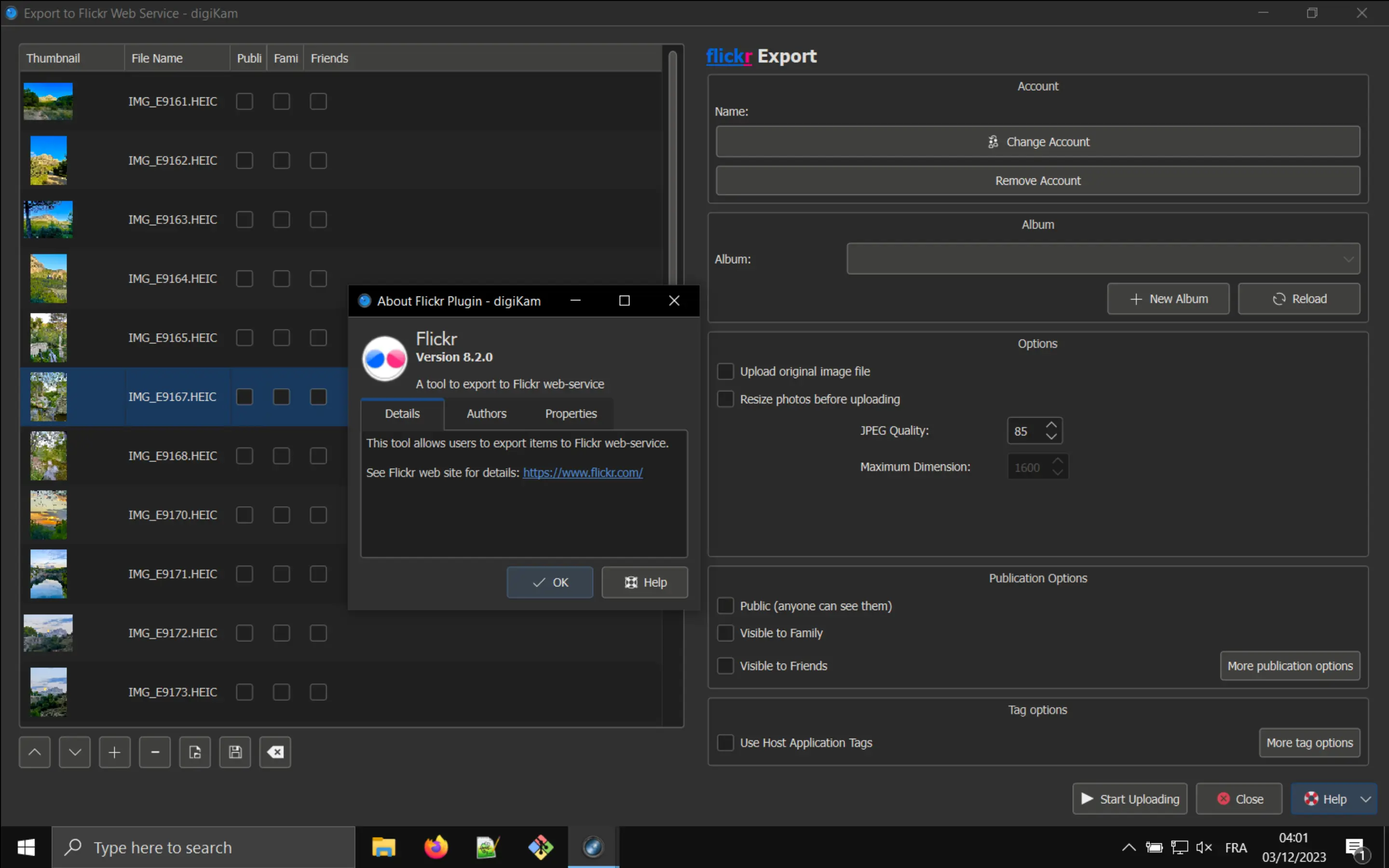 digiKam 8.2.0 running the Flickr Export Web Service Tool