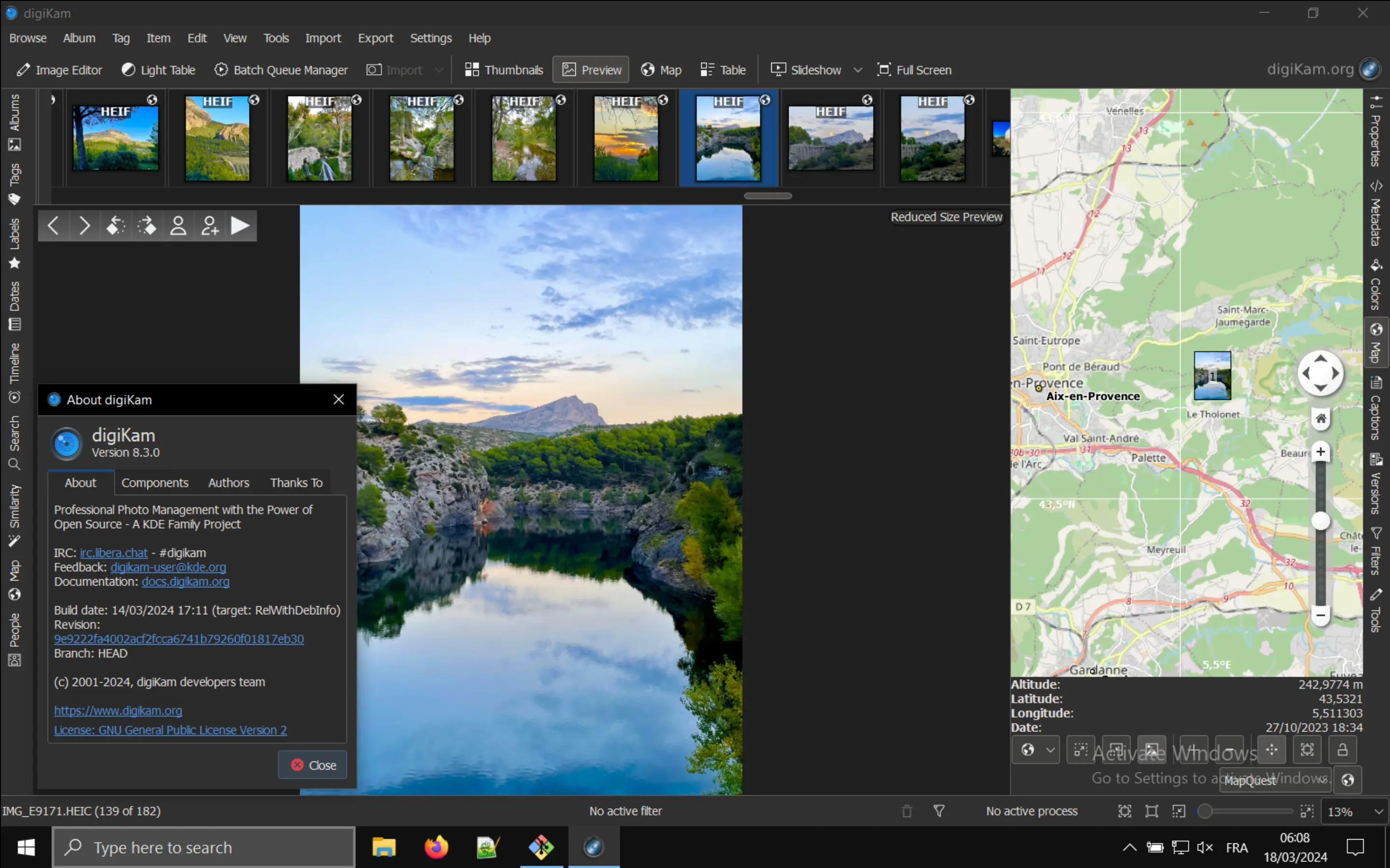 digiKam 8.3.0 Under Windows Showing an HEIF Image with OSM Geolocation