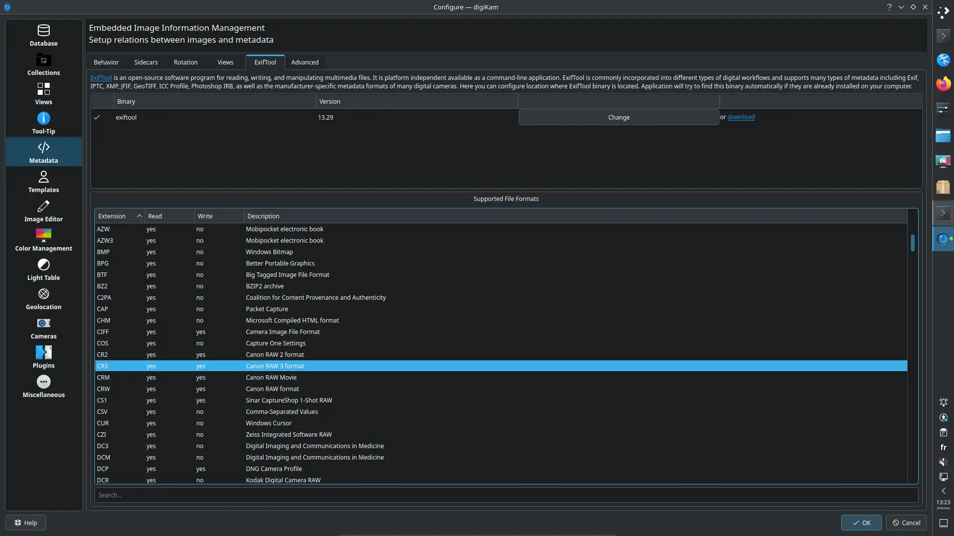 digiKam 8.7.0 Exiftool View from Metadata Setup Page