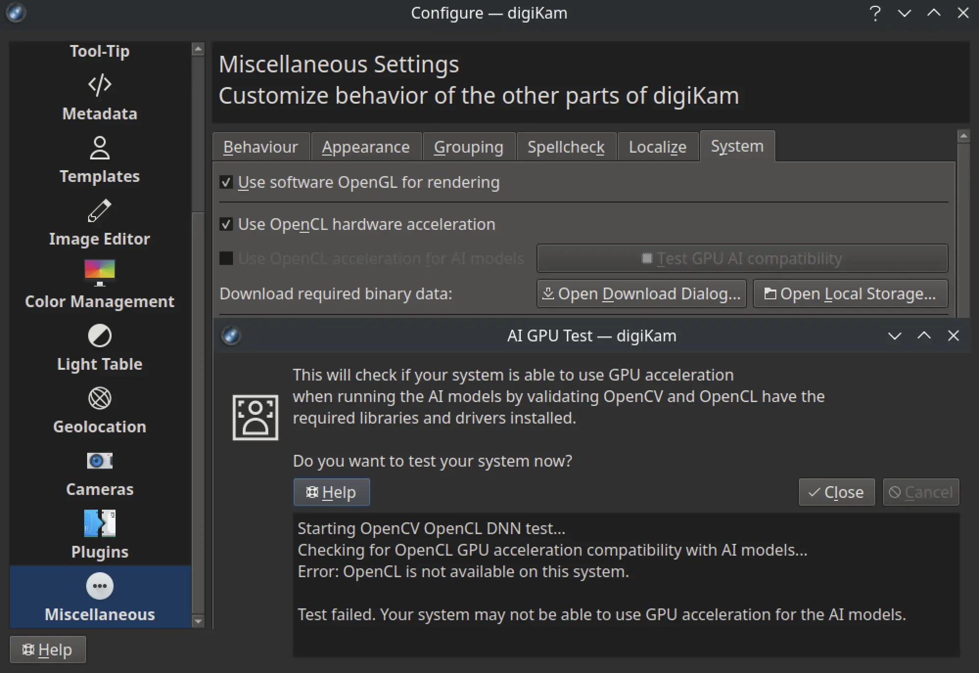 The digiKam 8.7.0 options from the Miscs/System setup panel to configure and check OpenCL compatibility