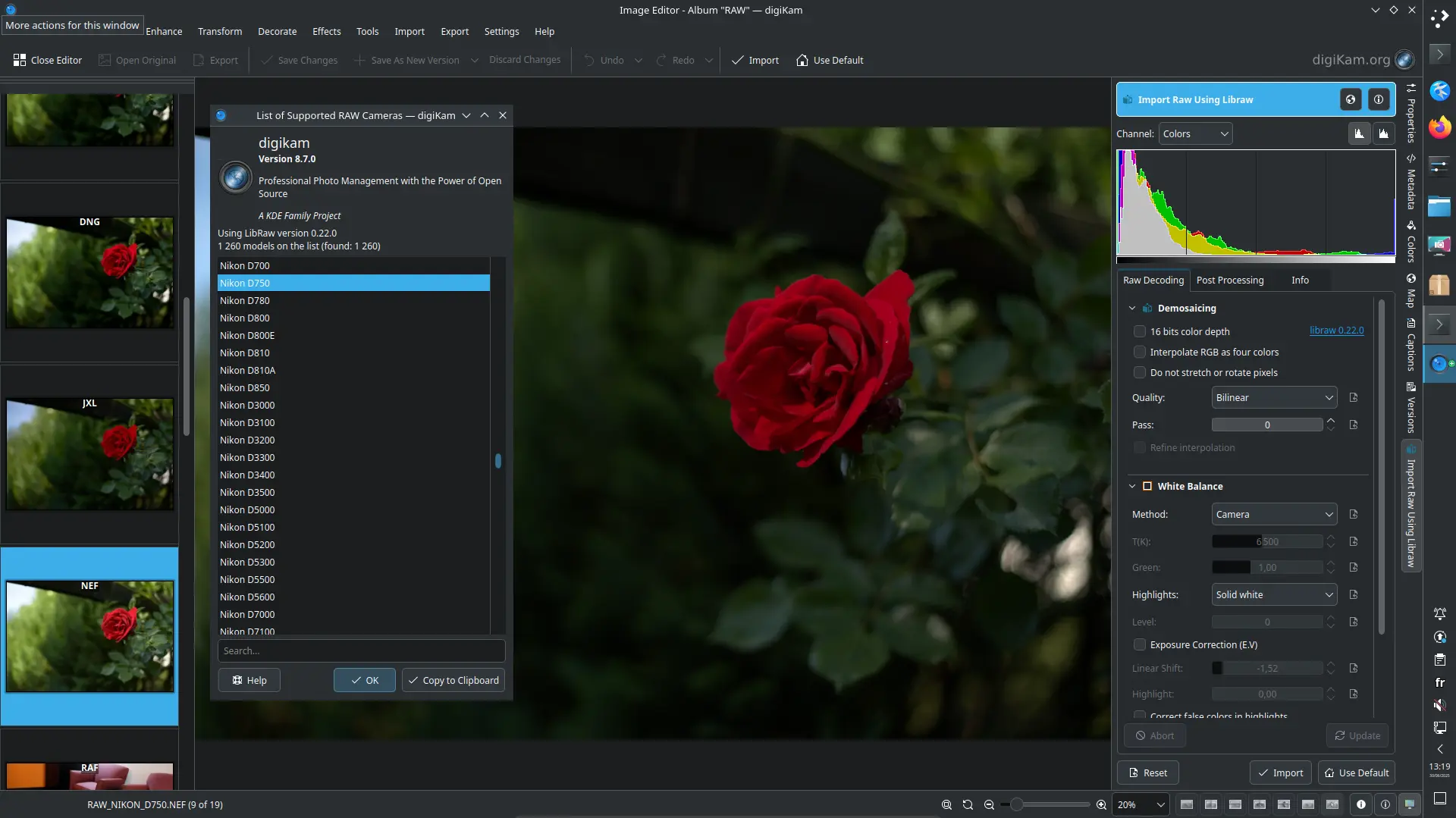 The list of RAW camera support in digiKam 8.7.0