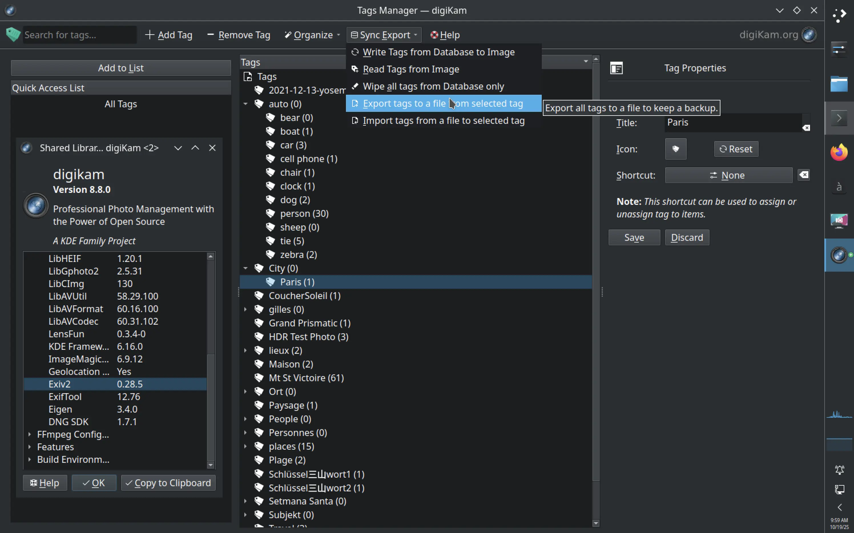 digiKam 8.8.0 Tag Manager: Import and export keywords to text files