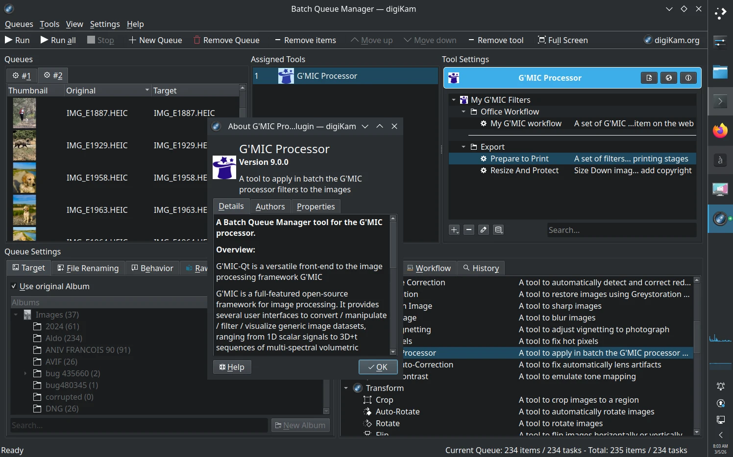 digiKam 9.0.0 Batch Queue Manager Gmic Processor Tool