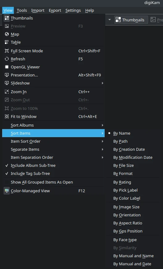 digiKam 9.0.0 Album Icon-View Items Sort Options